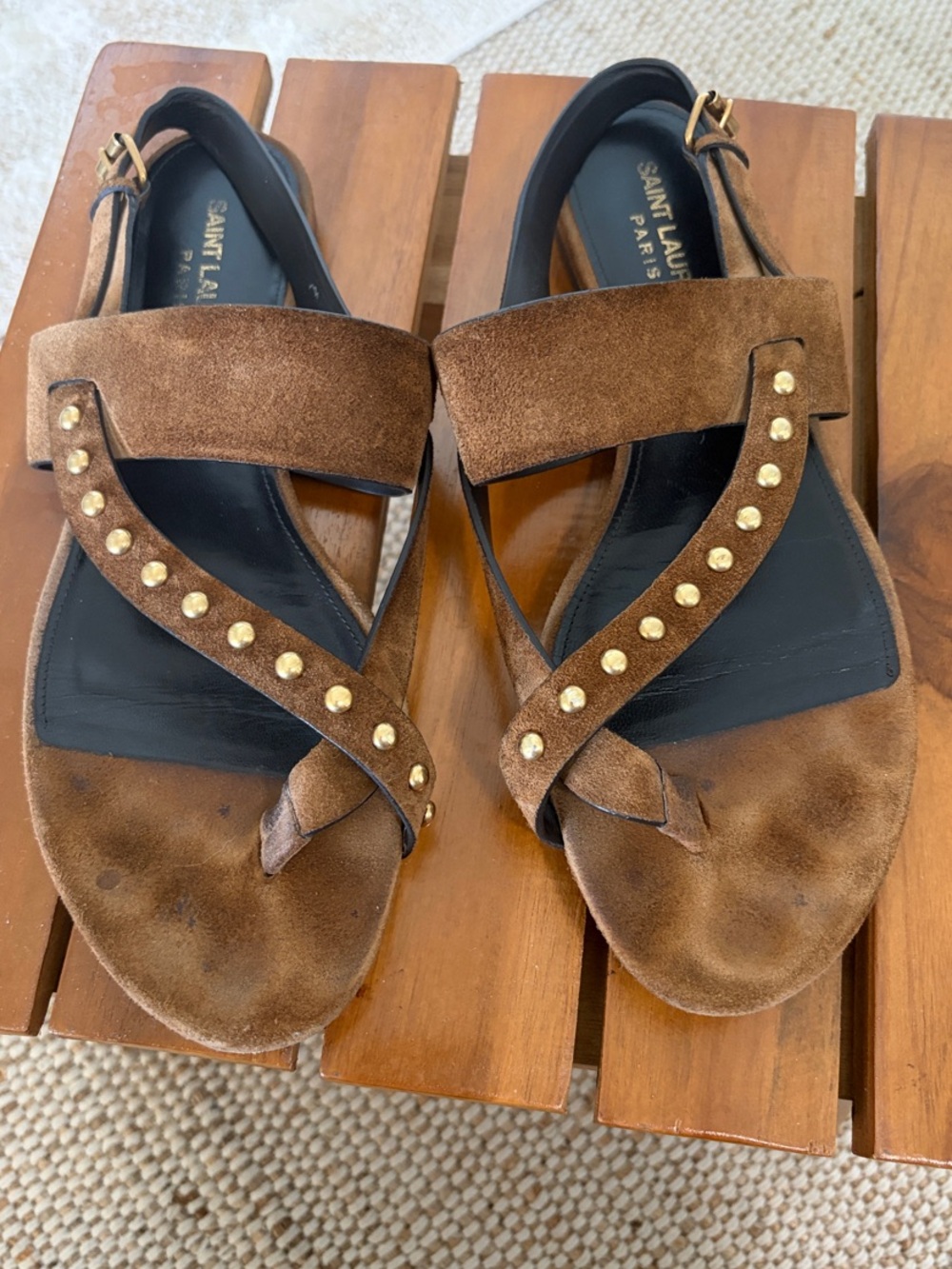 Saint Laurent Brown Suede Studded Sandals with Gold Accents